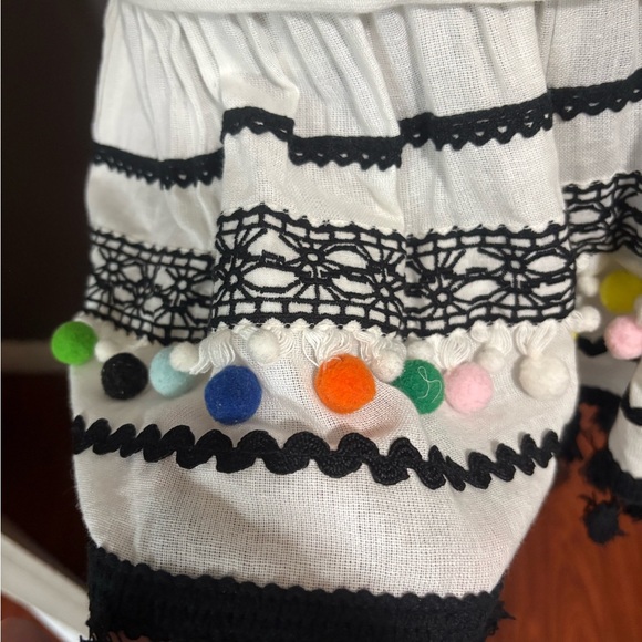 DODO BAR OR Delilah White and Black Embroidered Romper with Colorful Pom Pom - Picture 5 of 9
